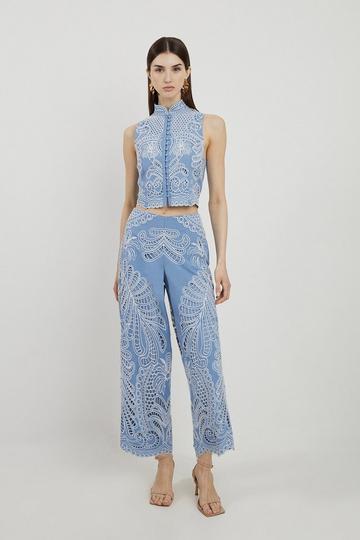 Blue Linen Cutwork Detail Woven Top