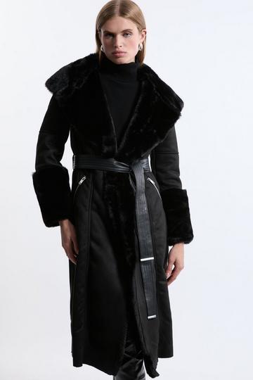 Faux Shearling Collar & Cuff Belted Midi Coat black