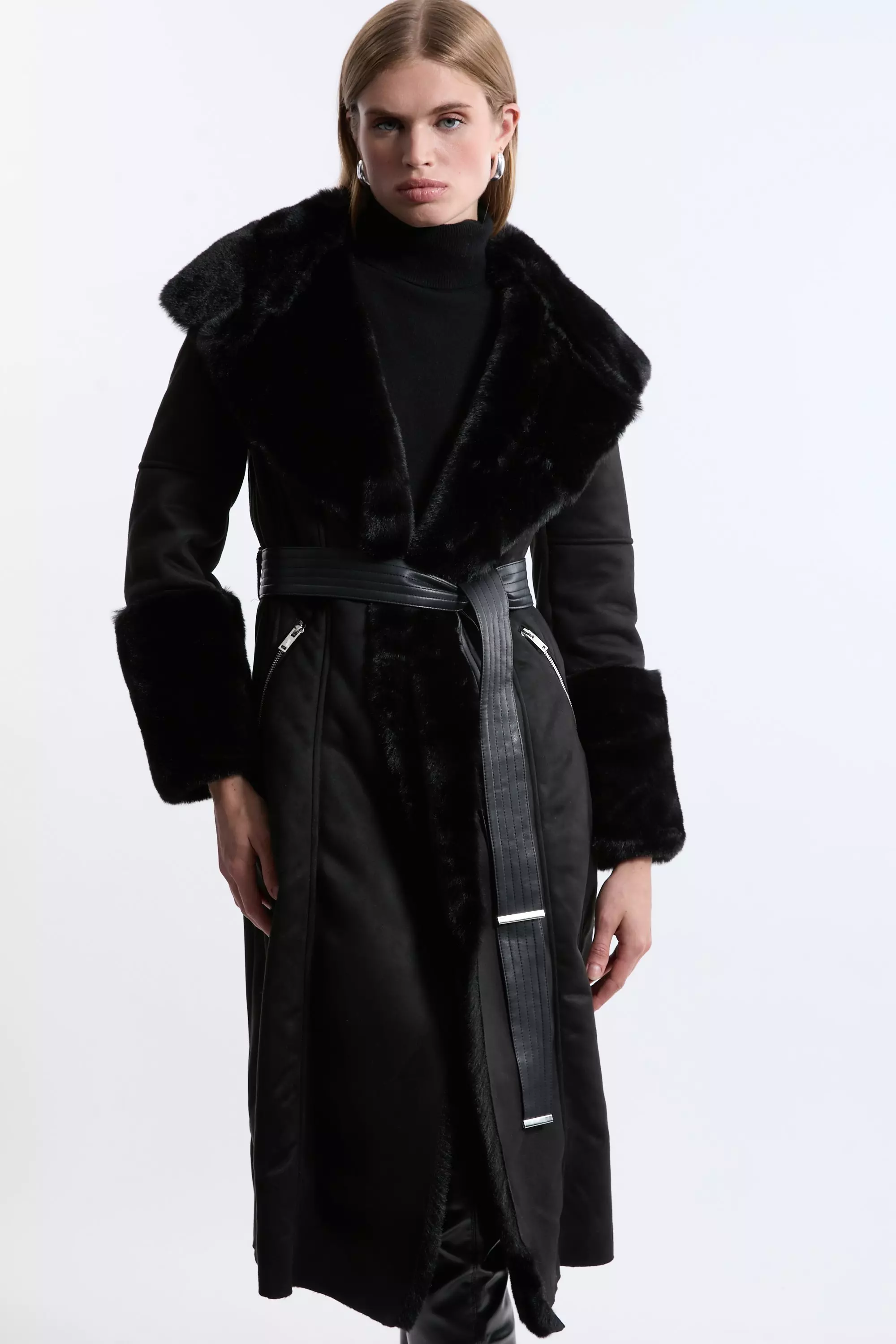 Black faux fur collar belted coat best sale