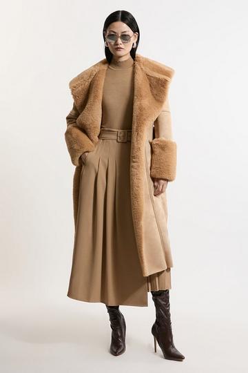 Faux Shearling Collar & Cuff Belted Midi Coat camel