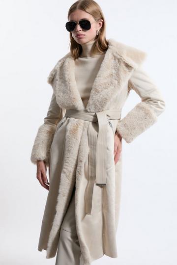 Faux Shearling Collar & Cuff Belted Midi Coat ivory