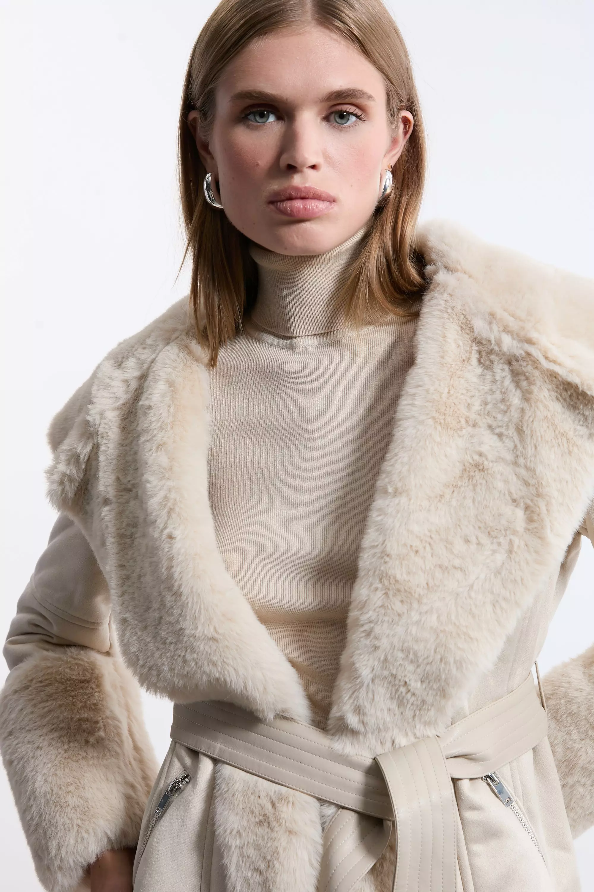 KAREN MILLEN*ベルト付き フェイクファー フード付きコート