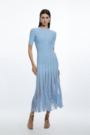 Blue Viscose Blend Filament Full Skirt Knit Midi Dress