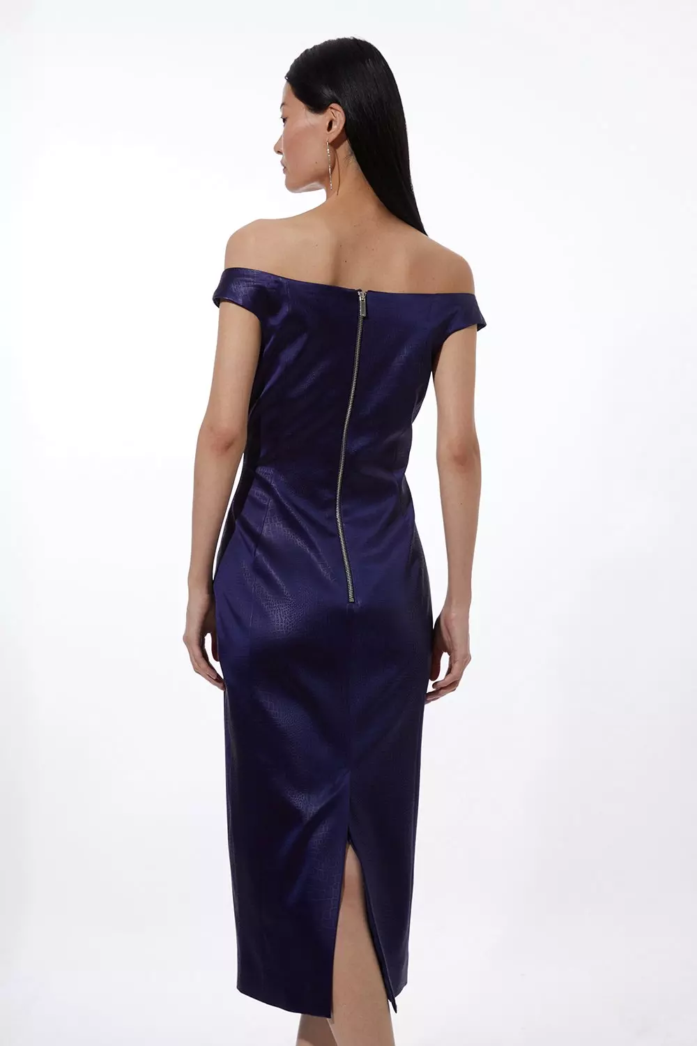 Italian Texture Satin Tailored Off Shoulder Panel Midi Dress Karen Millen
