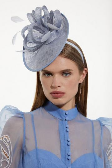 Blue Asymmetric Disk Fascinator With Bow And Feather Detail