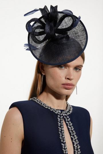 Navy Asymmetric Disk Fascinator With Bow And Feather Detail