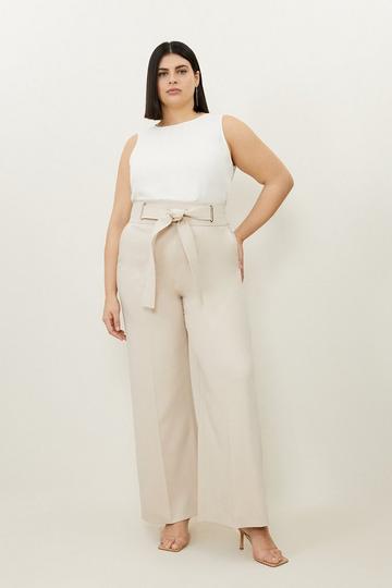 Plus Size Tailored Eyelet Detail Belted Straight Leg Trouser camel