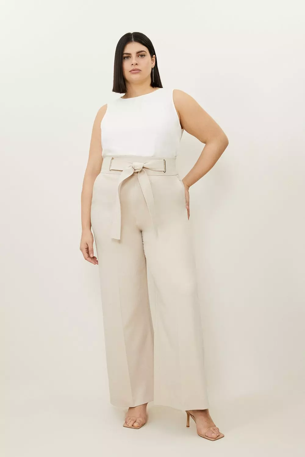 Plus Size Tailored Viscose Linen Eyelet Detail Belted Straight Leg Trouser Karen Millen