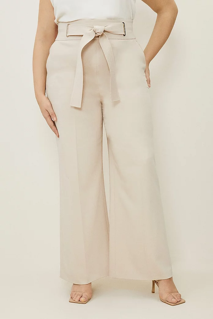 Plus Size Tailored Viscose Linen Eyelet Detail Belted Plus Size Tailored Viscose Linen Eyelet Detail Belted