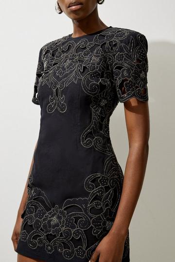 Black Cotton Quilted Cutwork Beaded Woven Mini Dress