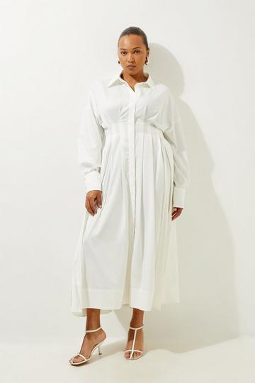Plus Size Cotton Poplin Woven Pleated Maxi Dress white