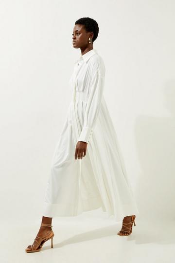 White Cotton Poplin Woven Pleated Maxi Dress