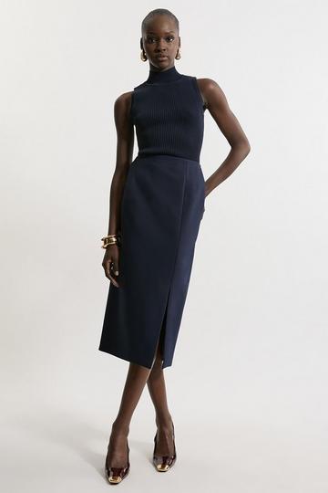 Clean Tailored Pencil Midi Skirt navy