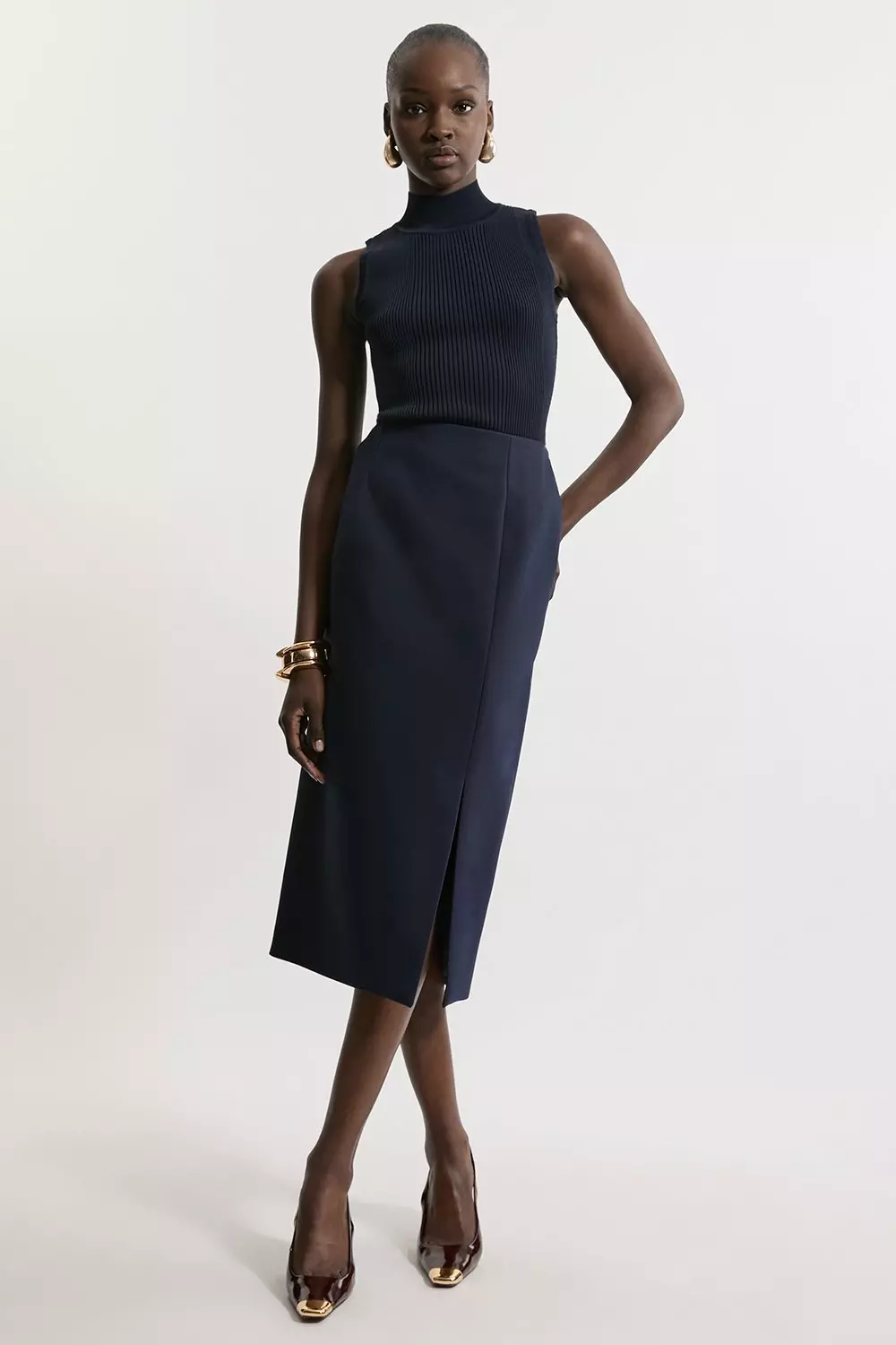 Navy blue pencil midi skirt hotsell