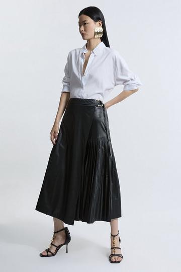 Black Faux Leather Pleated Panel Midi Skirt