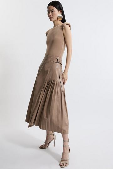 Faux Leather Pleated Panel Midi Skirt soft tan