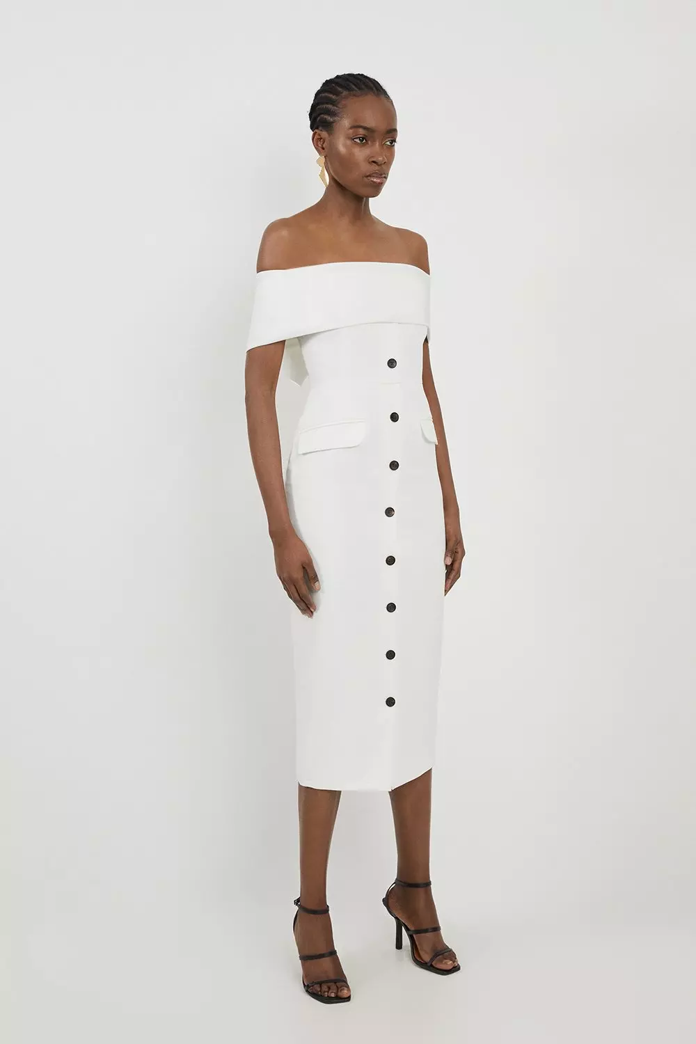 Petite Clean Tailored Bardot Button Through Midi Dress Karen Millen