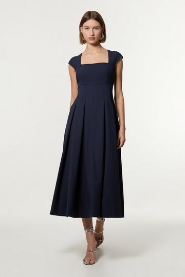 Petite Clean Tailored Square Neck Full Skirted Midi Dress navy