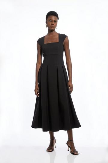 Black Clean Tailored Square Neck Full Skirted Midi Dress