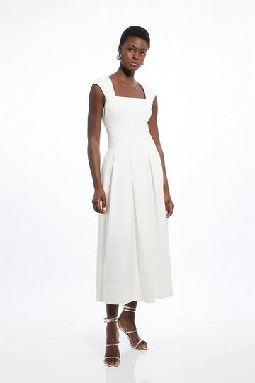 Clean Tailored Square Neck Full Skirted Midi Dress ivory