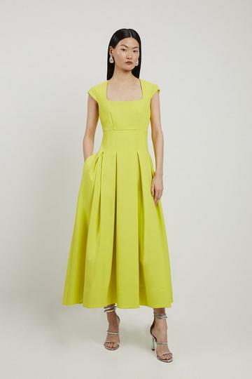 Clean Tailored Square Neck Full Skirted Midi Dress yellow