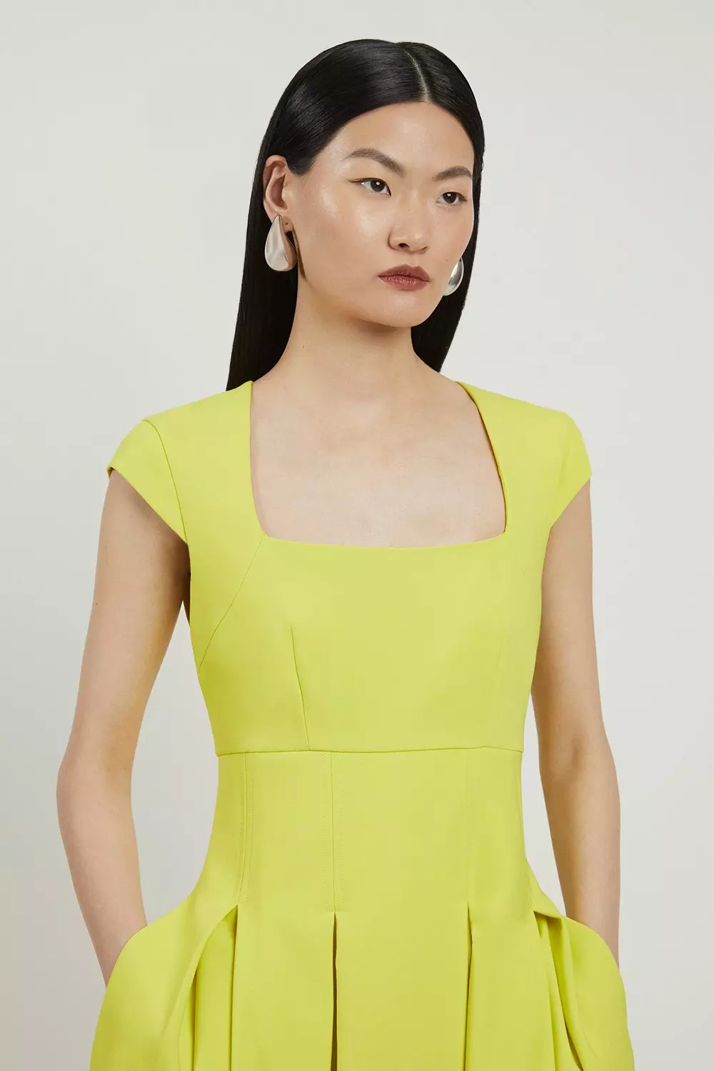 Clean Tailored Square Neck Full Skirted Midi Dress | Karen