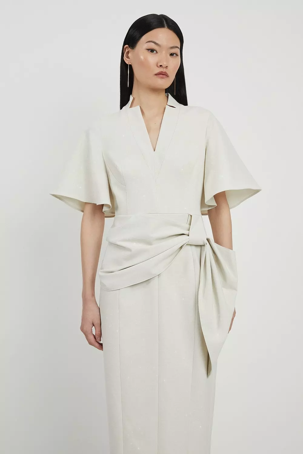 Tailored Metallic Angel Sleeved Midi Pencil Dress Karen Millen