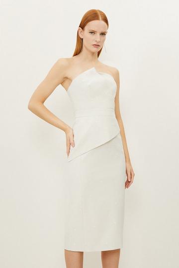 Tailored Metallic Bandeau Midi Pencil Dress ivory