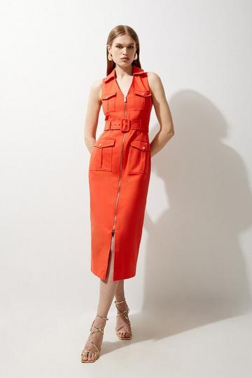 Red Petite Tailored Cotton Belted Cargo Pocket Midi Shirt Dress