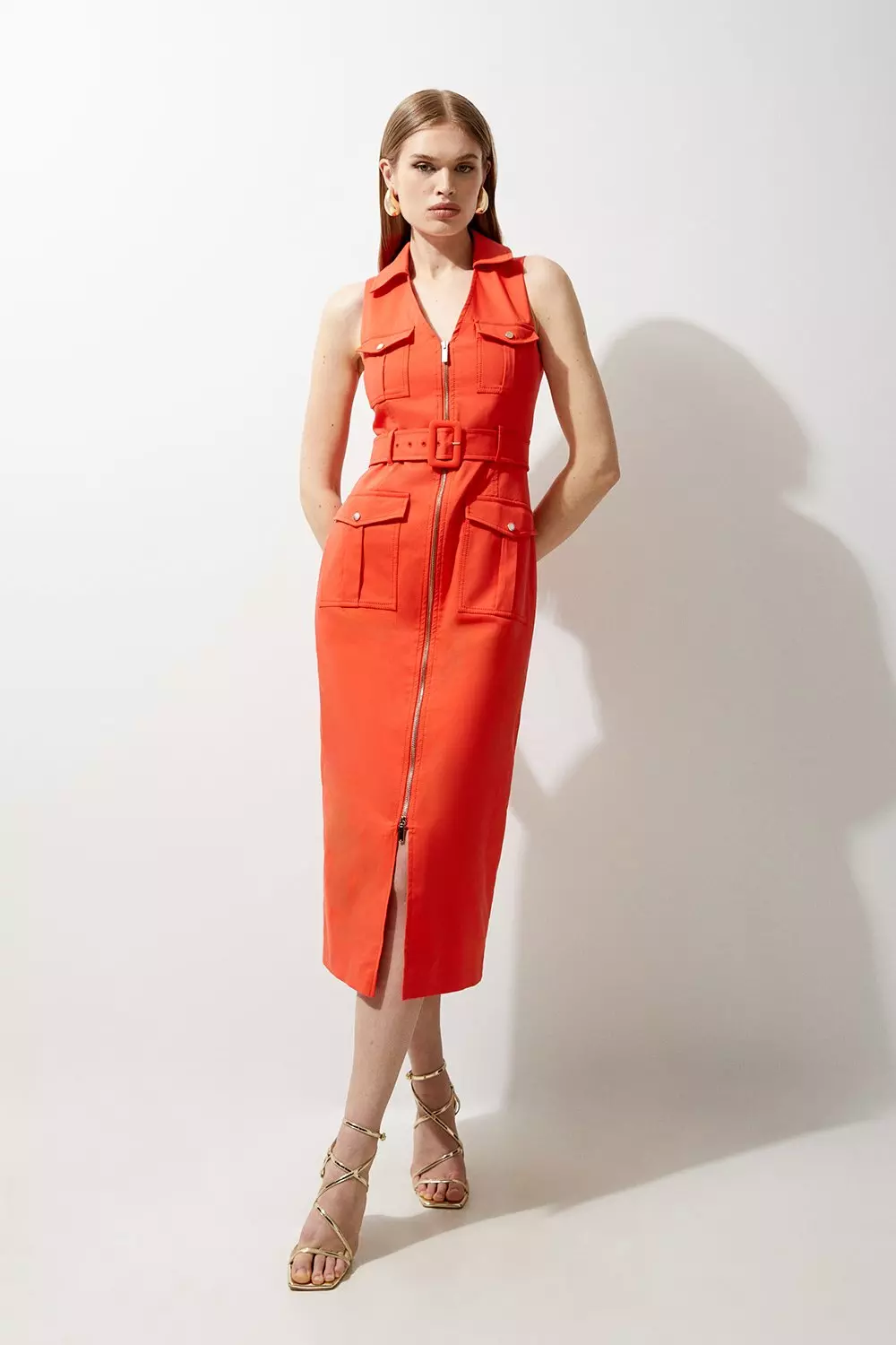 Petite Tailored Cotton Belted Cargo Pocket Midi Shirt Dress Karen Millen