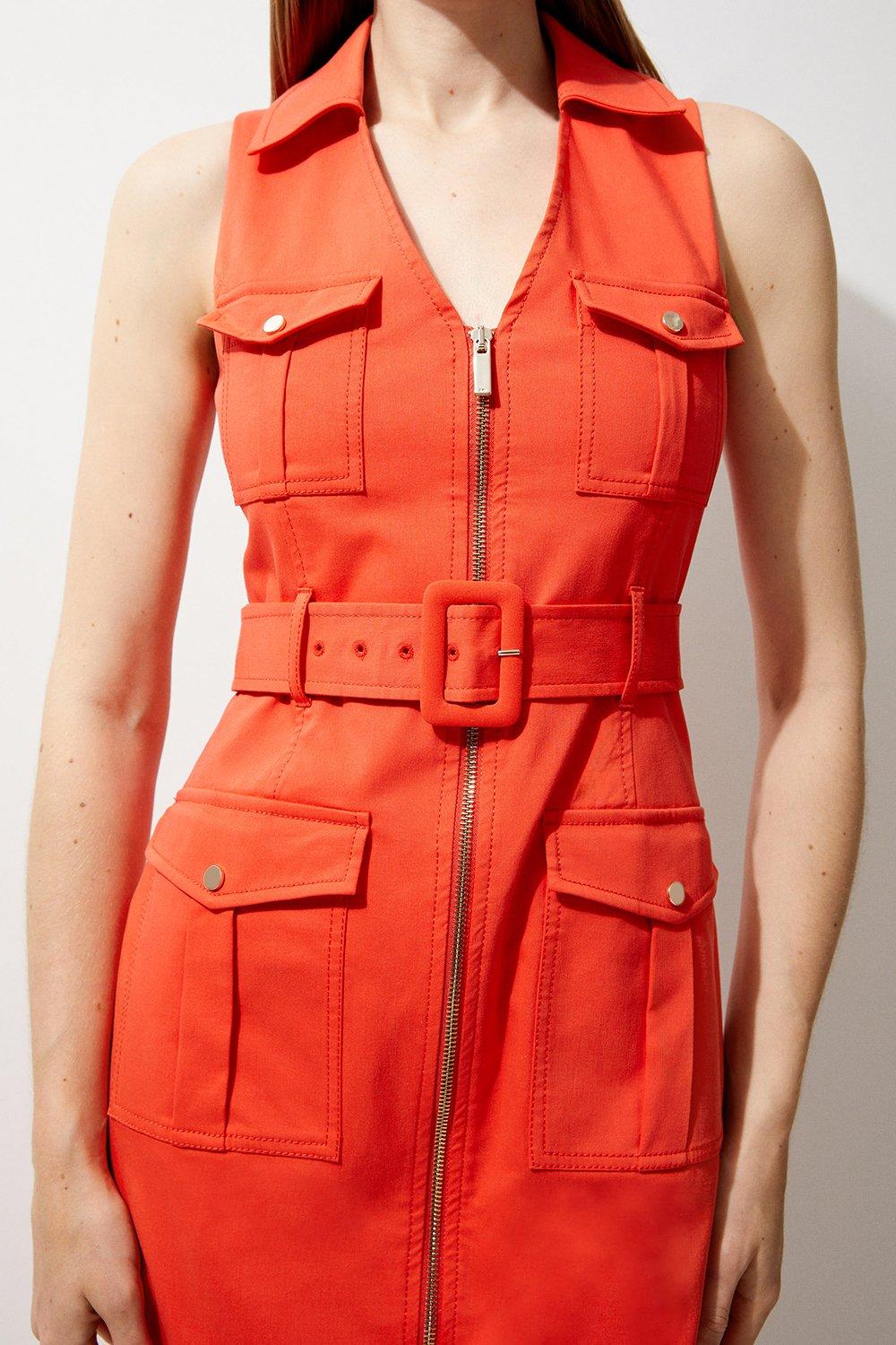 Petite Tailored Cotton Belted Cargo Pocket Midi Shirt Dress | Karen Millen