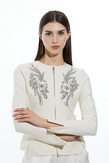 Figure Form Bandage Embellished Piping Knit Jacket cream