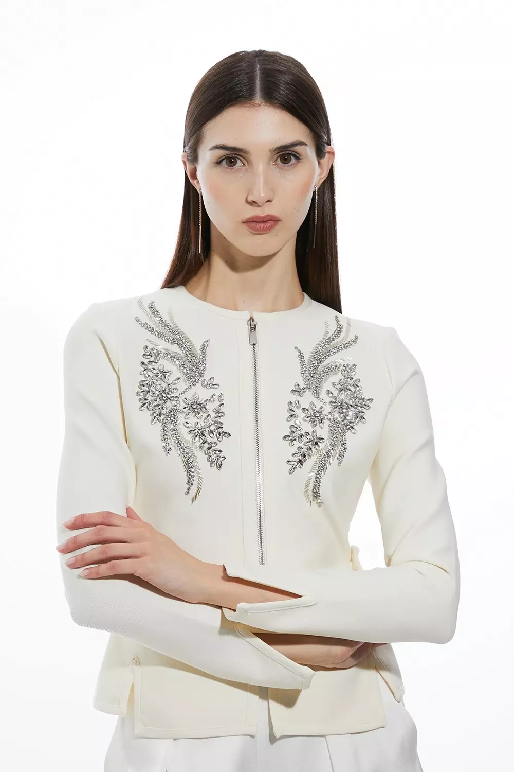 Cream Figure Form Bandage Embellished Piping Knit Jacket alternative image