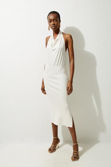 Cream White Tall Jersey Knit Mix Halter Neck Midi Dress