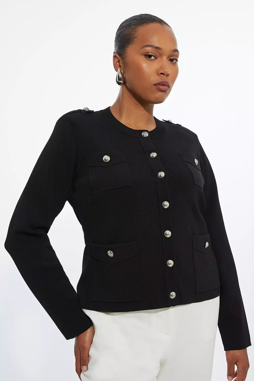 Plus Size Military Trim Knitted Four Pocket Jacket Karen Millen