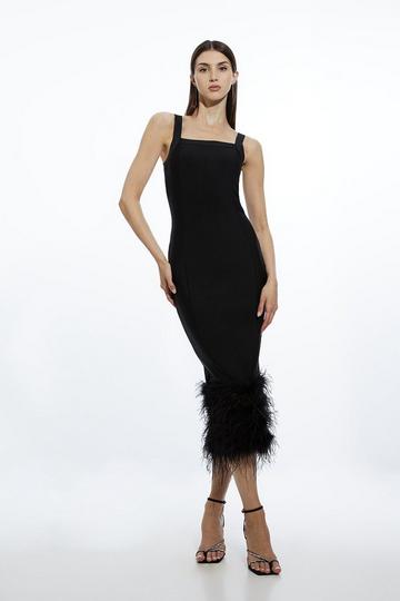 Black Figure Form Bandage Feather Hem Knit Midi Dress
