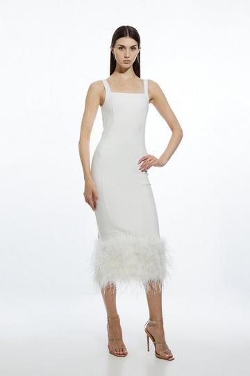Ivory White Figure Form Bandage Feather Hem Knit Midi Dress