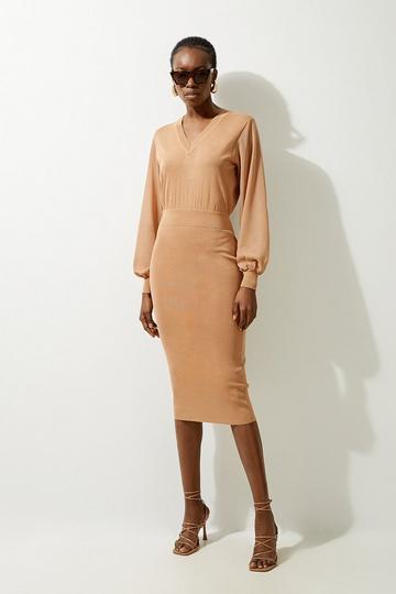 Light Weight Summer Knit Midi Pencil Dress camel