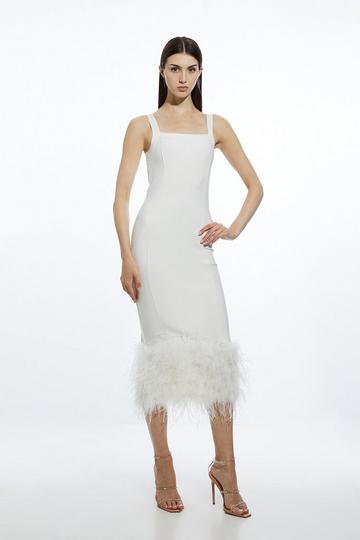 Ivory White Petite Figure Form Bandage Feather Hem Knit Midi Dress