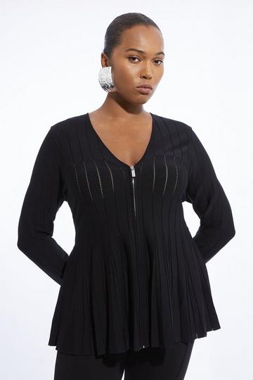 Black Plus Size Viscose Blend Sheer Peplum Hem Belted Jacket