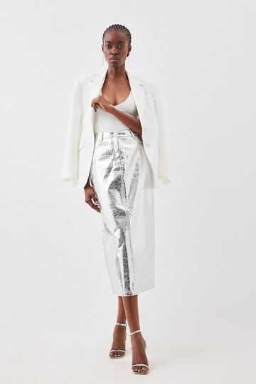 Silver Petite Metallic Faux Leather Midi Skirt