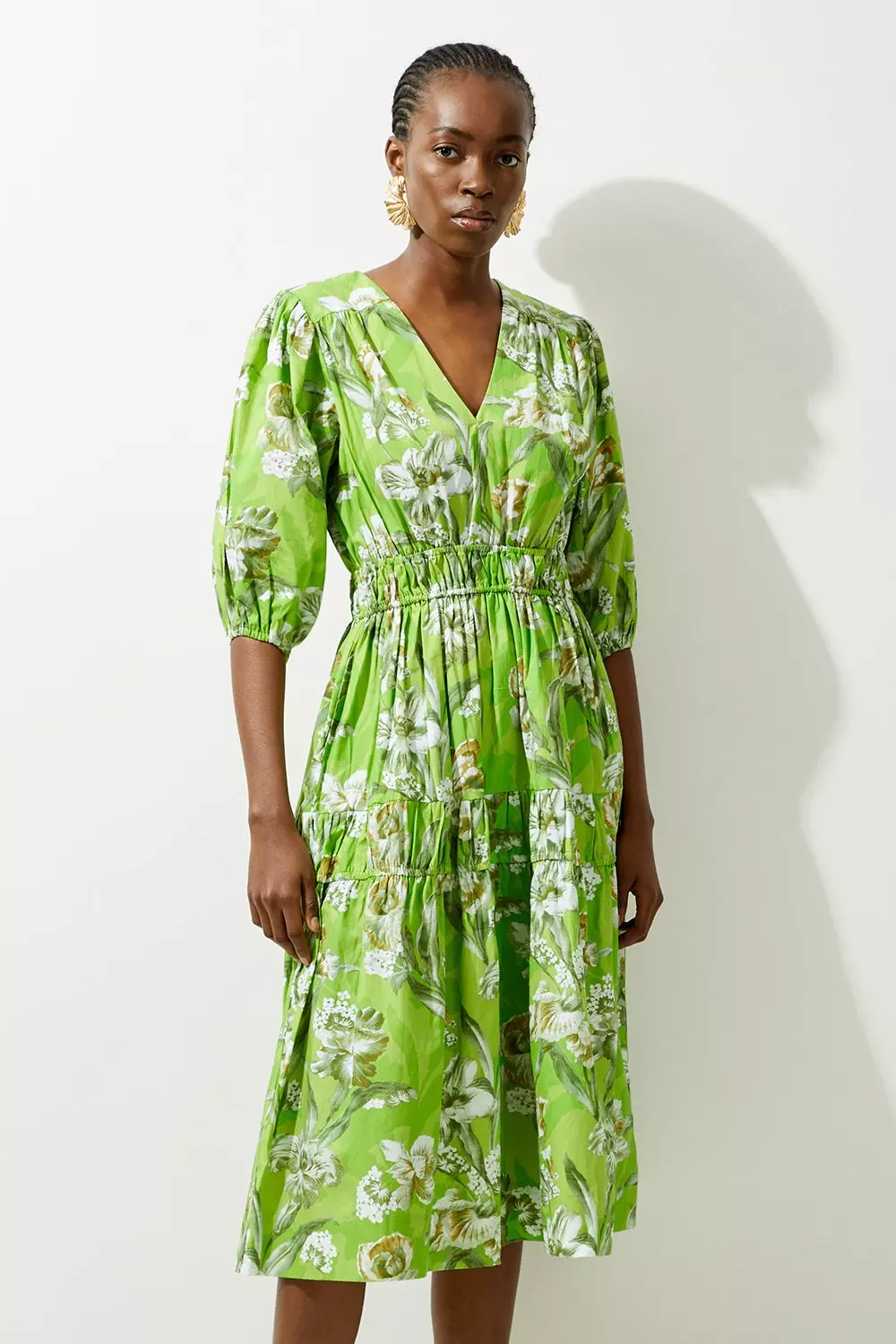 Floral Printed Cotton Woven Short Sleeve Midi Dress Karen Millen