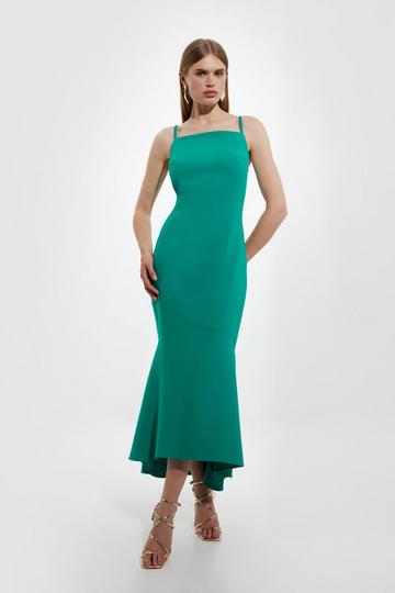 Emerald Green Compact Stretch Tailored High Low Hem Midi Dress