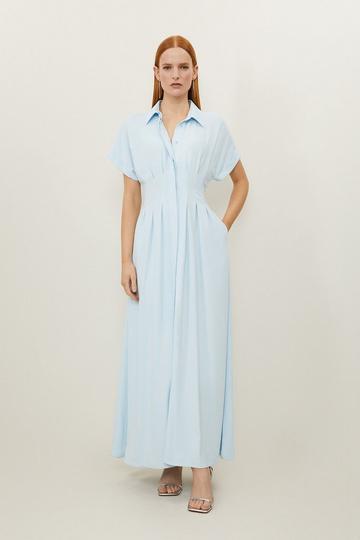 Soft Tailored Belted Darted Midi Shirt Dress pale blue