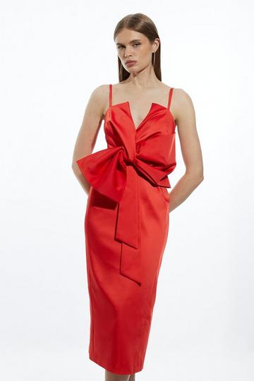 Red Tailored Satin Bow Detail Midi Dress
