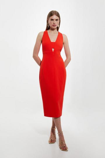 Red Compact Stretch Cut Out Back Midi Pencil Dress
