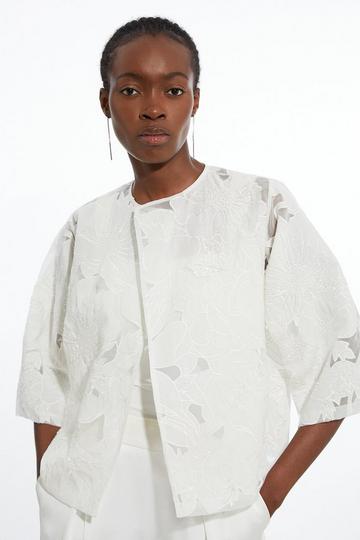Beaded Cotton Organdie Cutwork Woven Jacket white