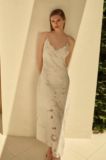 Beaded Cotton Organdie Cutwork Woven Strappy Midi Dress white