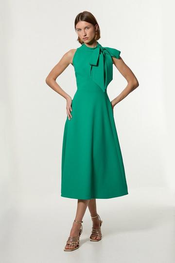 Emerald Green Compact Stretch Bow Tie Neck Full Skirted Midi Dress