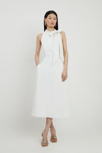 Compact Stretch Bow Tie Neck Full Skirted Midi Dress ivory